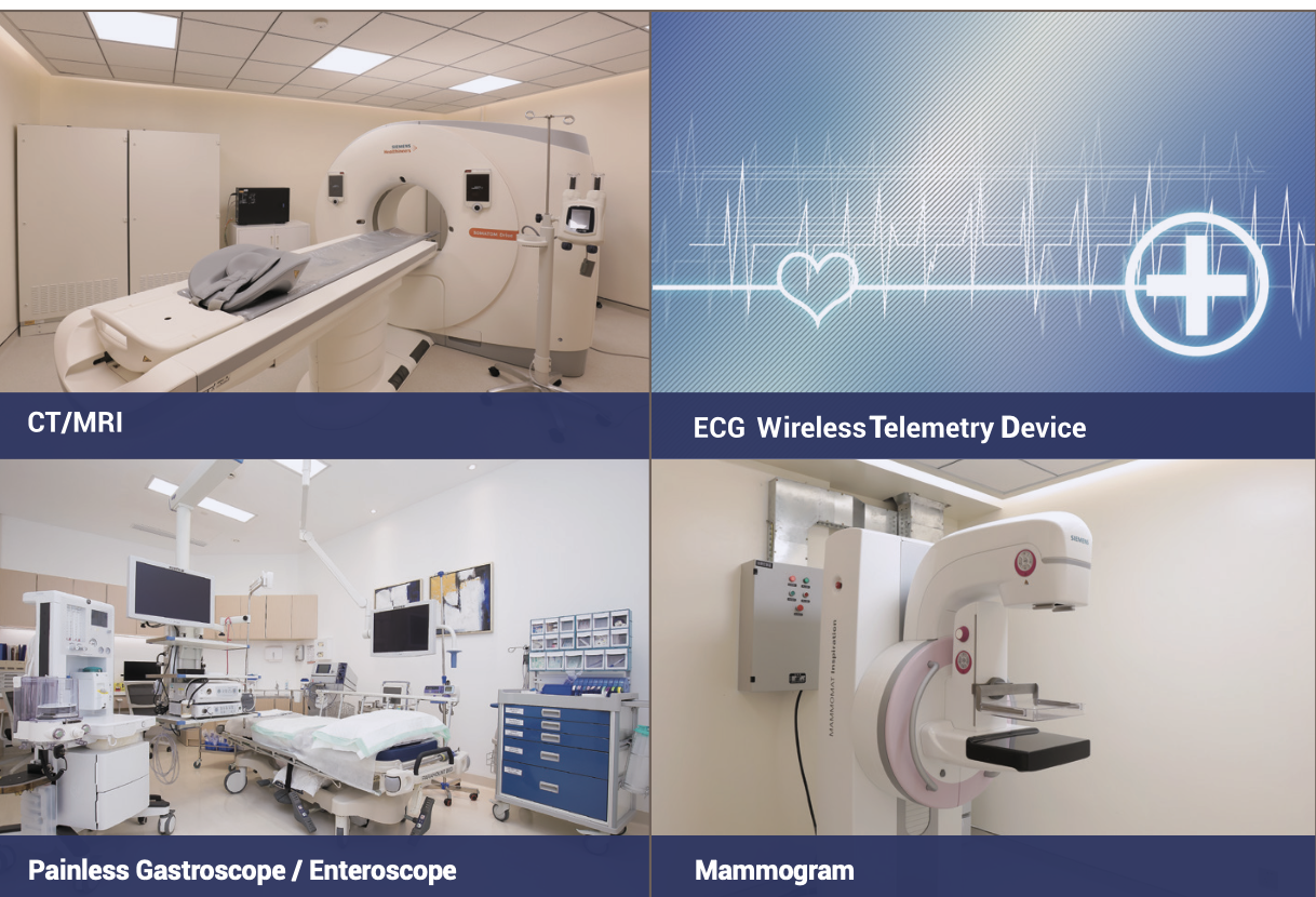 CT and MRI scanner, ECG wireless telemetry, painless gastroscopy and enteroscopy theatre, and mammogram unit