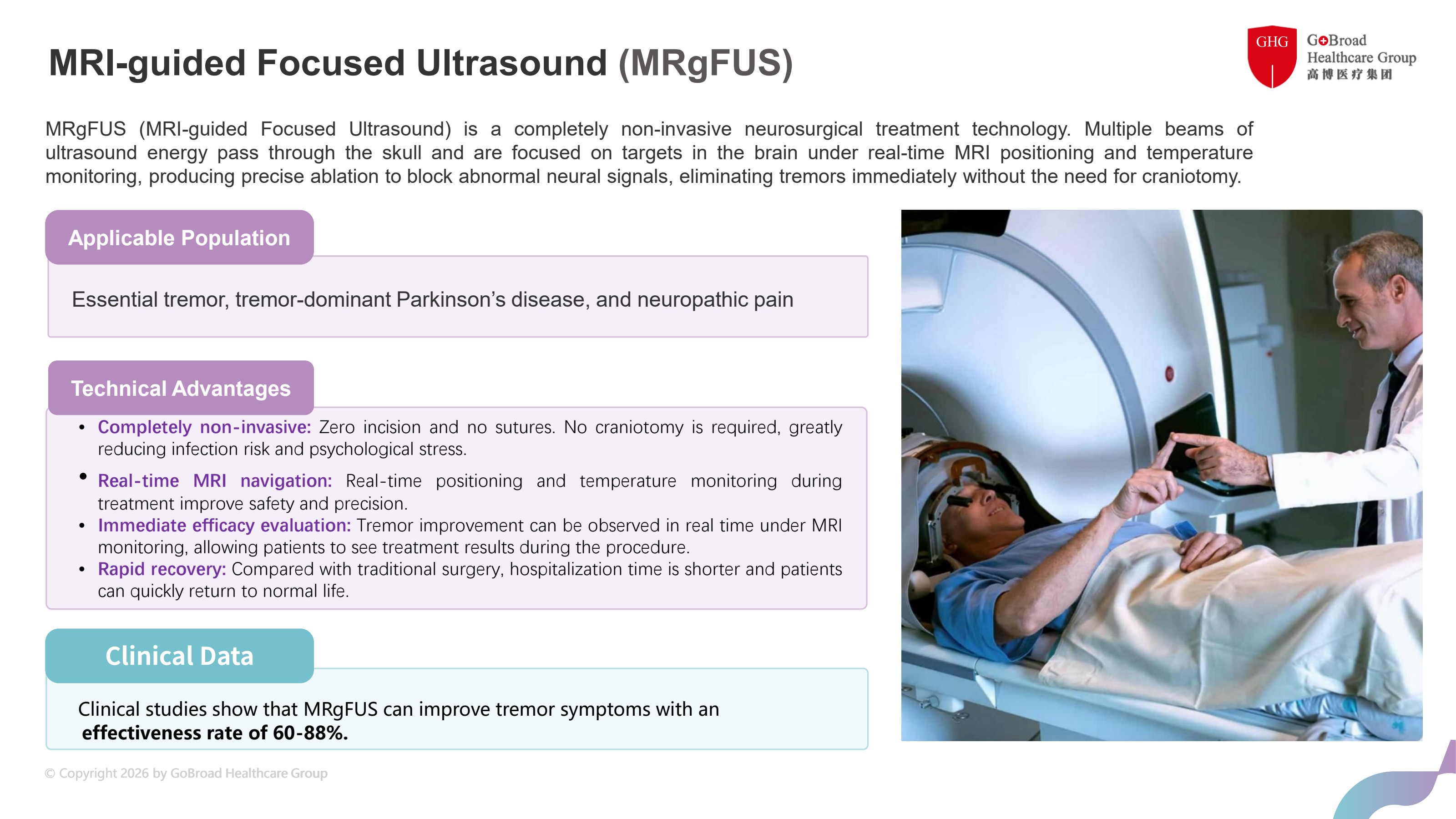 MRI-guided Focused Ultrasound treatment diagram — non-invasive brain ablation