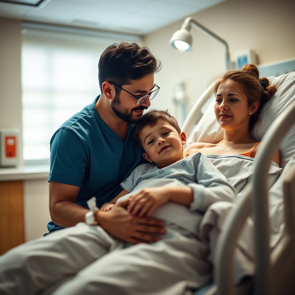 Family visiting a young patient recovering after stem cell transplant