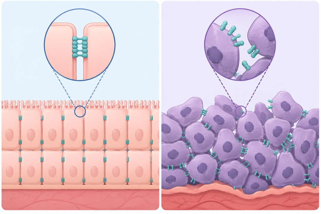 In normal tissue (left) CLDN18.2 is usually hidden within the tight-junction structure; once the tumour tissue architecture is destroyed (right), CLDN18.2 may be exposed. Illustration generated by AI, for reference only.